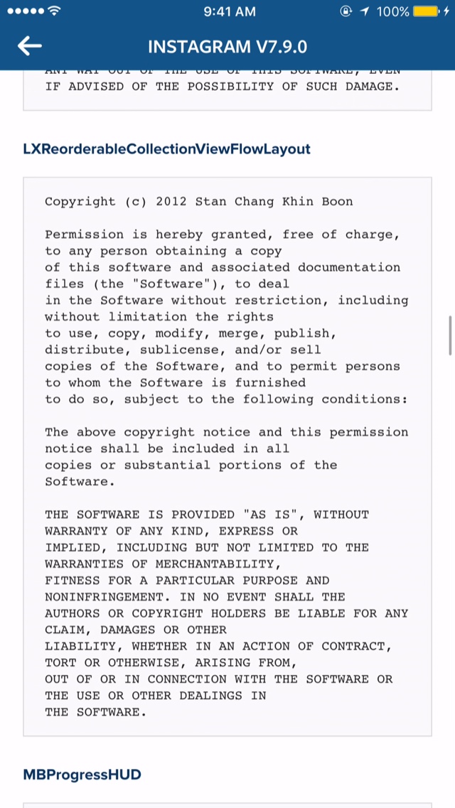 Instagram 7.9.0 open-source libraries screen naming LXReorderableCollectionViewFlowLayout and its copyright holder Stan Chang Khin Boon
